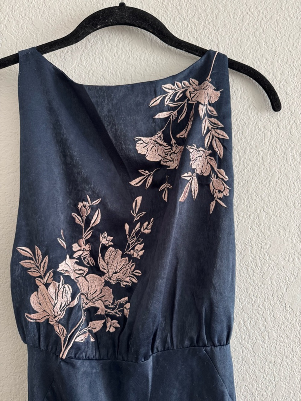 ASOS Navy Blue Satin Floral Embroidered Maxi Dress Cowl Back Elegant Evening - Picture 3 of 7